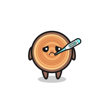 wood grain mascot character with fever condition