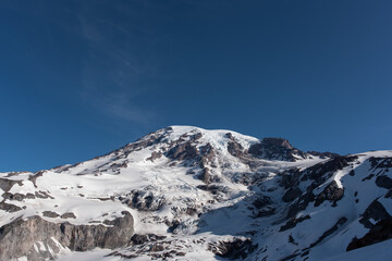 Late spring view of Mount Rainier and Nisqually Glacier from Glacier Vista near Paradise in Mount Rainier National Park on a clear sunny morning