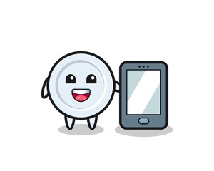 plate illustration cartoon holding a smartphone