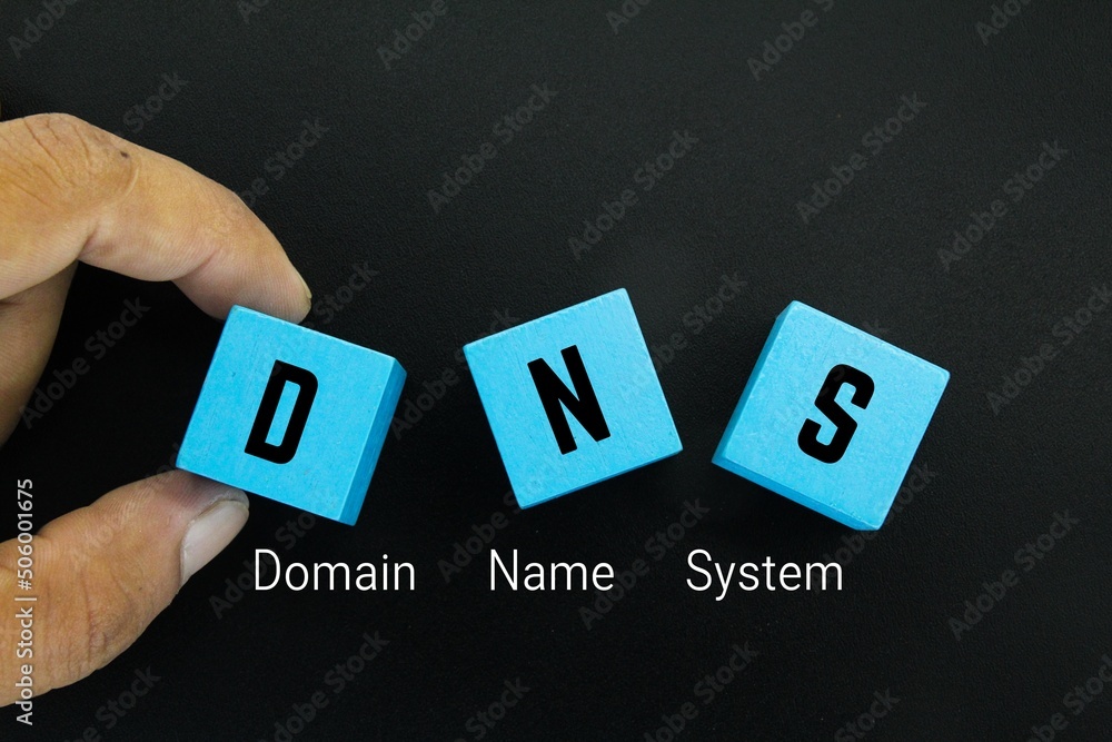 Poster a blue cube with the letters dns and the word domain name system