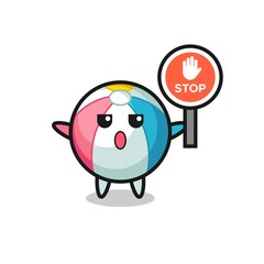 beach ball character illustration holding a stop sign