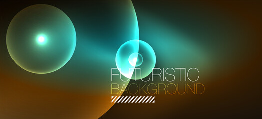 Abstract background with neon glowing light effects. Round shapes, triangles and circles. Wallpaper for concept of AI technology, blockchain, communication, 5G, science, business and technology