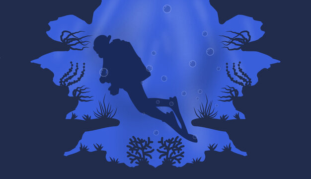 diver diving in the depth of sea. celebrate world oceans day, june 8. world oceans day poster and background