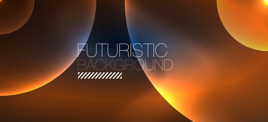 Shiny neon geometric abstract background. Glowing lights on round shapes, triangles and circles. Wallpaper for concept of AI technology, blockchain, communication, 5G, science, business