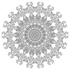 Round symmetrical pattern of abstract elements for coloring. Monochrome mandala for relaxation.