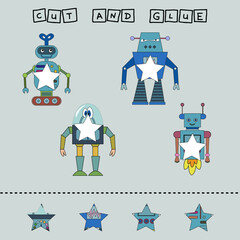worksheet vector design, the task is to cut and glue a piece on robots.  Logic game for children.