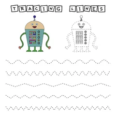 Fototapeten  Tracing lines game with funny robots. Worksheet for preschool kids, kids activity sheet, printable workshee  © Виталий Сова