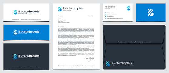 B water droplets logo with stationery, business card and social media banner designs