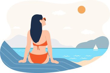 young woman wearing red swimming suit is sunbathing at the beach illustration