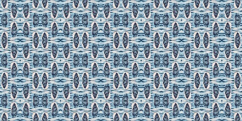 Fototapeta premium Indigo blue red batik geo nautical seamless border pattern. Modern marin geometric kaleidoscope banner. Nantucket fabric textile style. Summer rustic masculine worn linen effect edging trim tape 