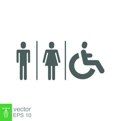 Male, female, handicap toilet sign icon. WC, unisex bathroom concept. Vector illustration isolated on white background. EPS 10.