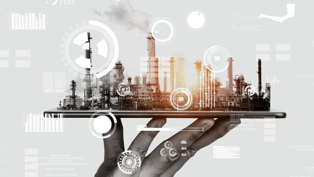 Future factory plant and inventive energy industry concept in creative graphic design. Oil, gas and petrochemical refinery factory with hologram showing next generation of power and energy business.