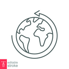 Earth globe icon. Simple outline style. Around planet with arrow. Thin line symbol. Vector illustration isolated on white background. Editable stroke EPS 10.