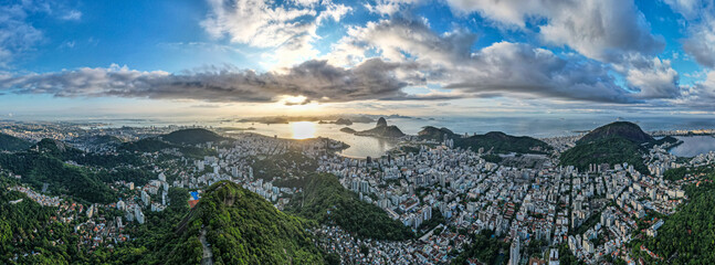 Sugarloaf mountain in Rio de Janeiro, Brazil. Botafogo buildings. Guanabara bay and Boats and ships.