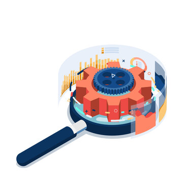 Isometric Magnifying Glass With Gears And Graph