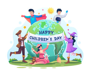 Children around the world wear costumes like superheroes, astronauts, pirates, witches, and fairy tale princesses to celebrate children's day. Flat style vector illustration