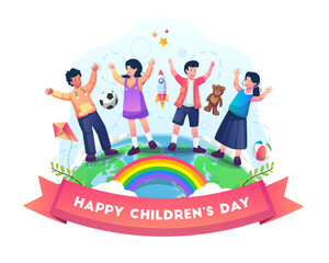 Happy children around the world stand with raised hands celebrating children's day together. Flat style vector illustration