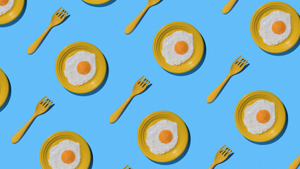 A pattern of fried eggs in a yellow plate and yellow forks on a blue background. Minimal concept.