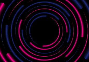 Abstract blue and pink glowing neon lighting effect circles radius pattern on black background