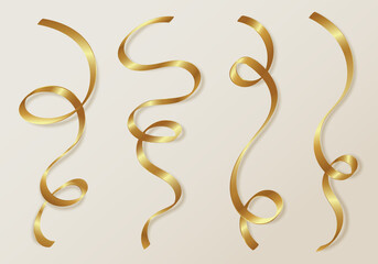 Set of golden curly ribbon serpentine confetti isolated on white background