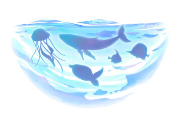 海の大自然イメージ（鯨、クラゲ、熱帯魚、海亀）