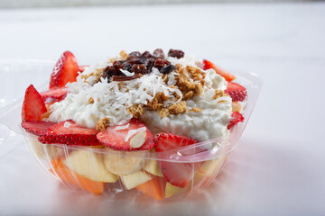 A closeup view of a small Mexican fruit bowl.