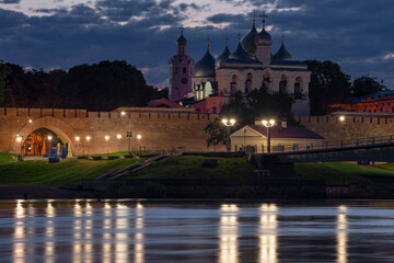 Fototapeta na wymiar View of the Kremlin of Veliky Novgorod on a June night. Russia