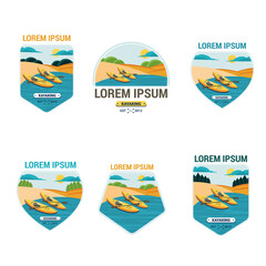 Set of six labels for canoes and kayaks. vector illustration.