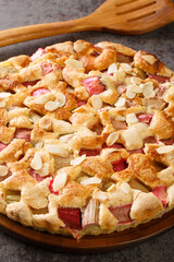 Swedish rhubarb cake Rabarberkaka with almond flakes closeup in the plate on the table. Vertical