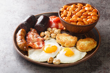 Full fry up English breakfast with fried eggs, sausages, bacon, black pudding, beans, tomato closeup in the plate on the table. Horizontal