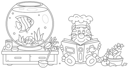 Funny plump cat with a cook hat reading a cookbook and going to prepare a tasty soup with vegetables and a tropical fish swimming in a round home aquarium, vector cartoon illustration