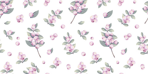 Watercolor hand drawn botanical seamless pattern with delicate illustration of pink snowberry branches, berries, leaves. Simple floral wallpaper, linens. Spring elements isolated on white background