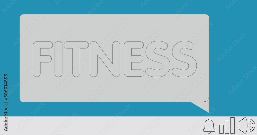 Aufkleber fitness text on notification bubble from portable information device screen. mobile app message, con