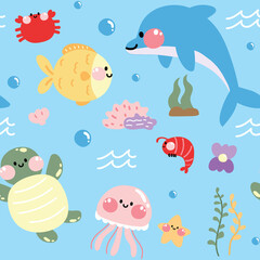 Naklejka na ściany i meble Seamless pattern of cute animal of sea creatures.Blue background.Turtle,shell,starfish,fish,dolphin,coral,shrimp cartoon.Underwater.Ocean.Kawaii.Vector.Illustration.