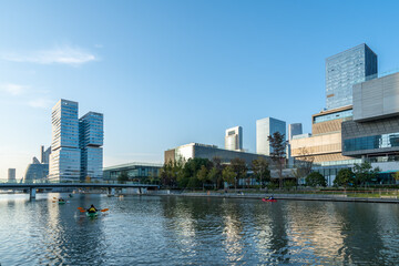 Fototapeta premium Street view of modern buildings in Ningbo, China