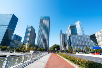 Street view of modern buildings in Ningbo, China
