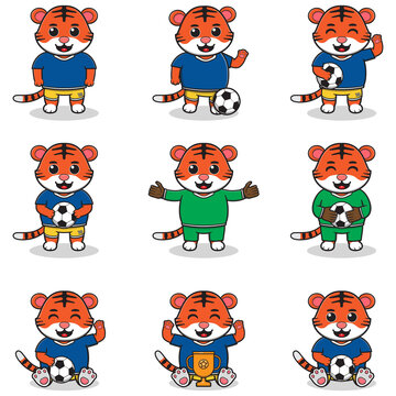 Vector illustration of Tiger characters playing soccer. Cute Tiger mascot playing football. Vector illustration bundle.