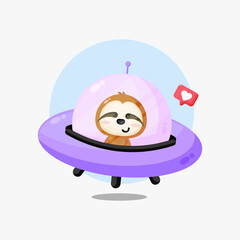 Cute sloth riding a ufo icon illustration