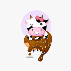 Illustration of cute cow hanging on donut