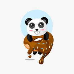 Illustration of cute panda hanging on donut
