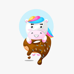 Illustration of cute unicorn hanging on donut