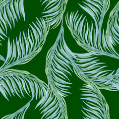 Naklejka na ściany i meble Palm branches seamless pattern on green background, watercolor foliage print