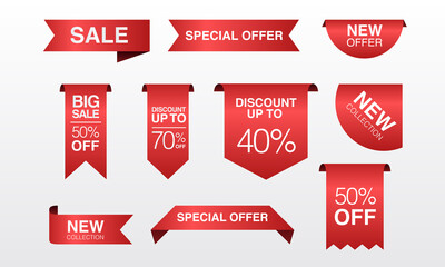 Vector illustration of red ribbon promotion label collection. Suitable for e commerce discount badge, new offer banner, and discount sticker element.