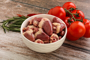 Raw chicken hearts for cooking