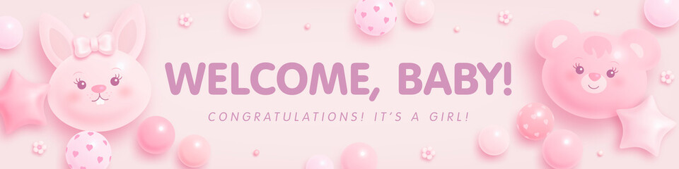 Baby shower horizontal banner with cartoon bear, rabbit, helium balloons and flowers on pink background. Welcome, baby. It's a girl. Vector illustration