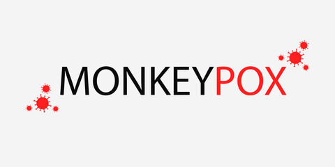 Naklejka na ściany i meble Banner with white background and text in black and red Monkeypox and with a small red virus icon. The concept of a new monkey pox virus. Vector illustration.