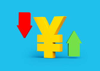 Obraz premium Yellow color yen symbol, red and green arrows. On light blue color background. Horizontal composition. Isolated with clipping path.
