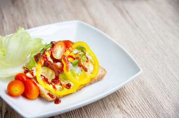 Sandwich egg with fresh vegetables salad breakfast background