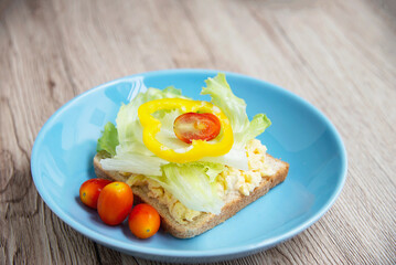 Sandwich egg with fresh vegetables salad breakfast background