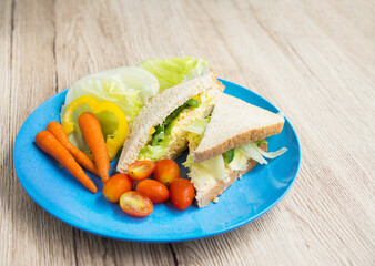 Sandwich egg with fresh vegetables salad breakfast background
